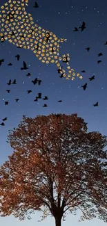 Tree silhouette with birds and letters in a starry evening sky.