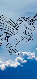 Unicorn with wings above cloudy, serene blue sky.