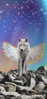 Winged wolf amidst aurora in dark forest night sky wallpaper.