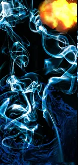 Abstract wallpaper with blue smoke and vibrant flame accents.