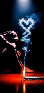 Hooded figure with heart-shaped smoke in dim light