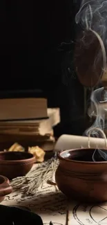 Mystical smoke swirls over brown pottery with old books.