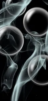 Abstract wallpaper with smoke and spheres on a dark background.