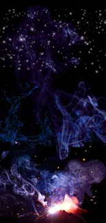 Mystical smoke with stars in blue and purple hues against a black background.