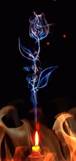 Mystical smoke forming a blue rose over a candle flame.