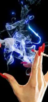 Hand with red nails holding cigarette and blue smoke on black background.