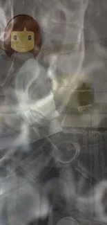 A surreal masked figure with swirling smoke in a modern kitchen scene.