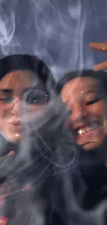 Mystical smoke effect with two people smiling in dark tones.