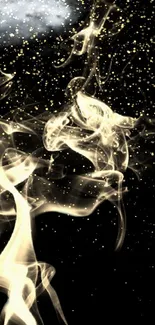 Golden smoke with glittering particles on a black background wallpaper.