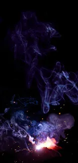 Ethereal purple and blue smoke on a black background, with vibrant sparks.