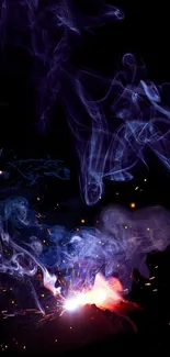 Mystical smoke in blue and purple on a black background with sparks.