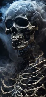 Mystical skeleton enveloped in smoke, perfect for a dark-themed phone wallpaper.