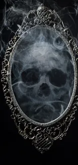 Ornate mirror with smoky skull illusion in dark background.