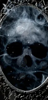 Smoke skull in ornate frame mobile wallpaper, dark background.