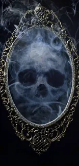 Mystical skull design with smoke in an ornate mirror on a dark background.