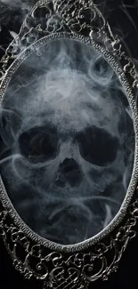 Skull in smoke within an ornate frame on a black background.