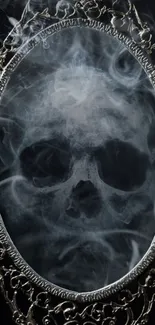 Eerie smoke skull in an ornate mirror on a dark background.