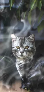 Mystical cat with smoky, elegant design surrounded by leaves.