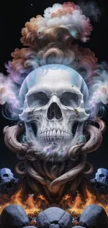 Ethereal skull with vibrant smoke and dark background wallpaper.