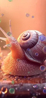 Serene mobile wallpaper featuring a snail amid vibrant bubbles on a mystical backdrop.