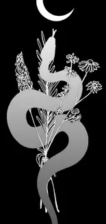 A mystical snake intertwined with flowers under a crescent moon on a black background.