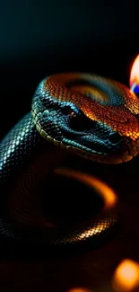 A snake with flames on a dark background, perfect for mystical mobile wallpaper.