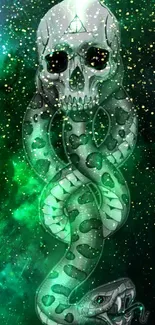 Mystical green snake and skull art with cosmic star background.