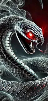 Snake with glowing red eyes and smoke in a dark fantasy setting.