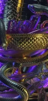 Intricate snakes entwined around a golden jewel bowl with vibrant colors.
