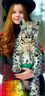 Girl holding a snow leopard with digital text overlay.