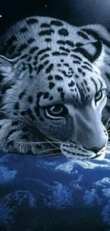 Mystical snow leopard resting on a blue surface, surrounded by darkness.