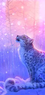 Snow leopard in mystical forest with purple hues and winter ambiance.