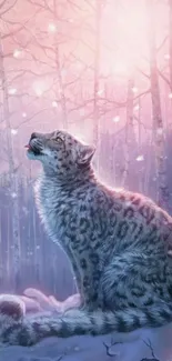 Mystical snow leopard in a lavender forest under falling snow.