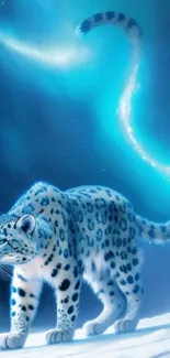 A snow leopard with ethereal blue tail in a mystical snowy landscape.