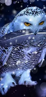 Mystical snow owl with a feather in deep blue night.