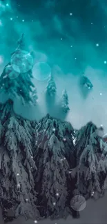 Mystical snowy forest with teal sky and pine trees.