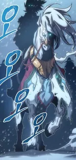 Anime-style mystical horse in snowy landscape