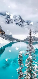 Snowy mountain landscape with turquoise lake reflecting serene beauty.