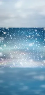 Dark blue snowy night sky wallpaper with falling snowflakes.