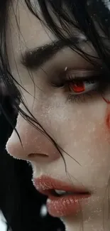 Close-up of a mystical woman with red eyes in a snowy setting, digital art.
