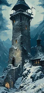 A mystical snowy tower in dark mountains at night.
