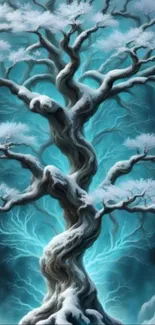A mystical snowy tree with blue background.