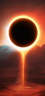 Dramatic solar eclipse with glowing orange-red hues over a dark horizon.