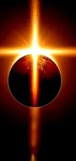 Glowing solar eclipse with fiery cross pattern.