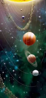 Colorful solar system wallpaper with planets and stars.