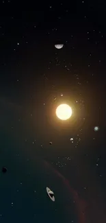 Solar system wallpaper with sun and planets in cosmic space.