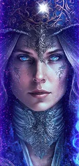 Mystical blue-toned sorceress in fantasy art illustration.