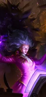 Fantasy sorceress casting spell with vibrant purple light.