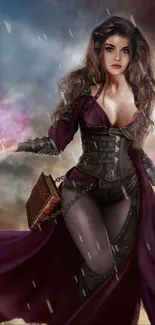 Fantasy art of a mystical sorceress with a purple cloak and magical aura.