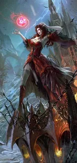 Mystical sorceress stands in a gothic fantasy landscape, casting a spell.